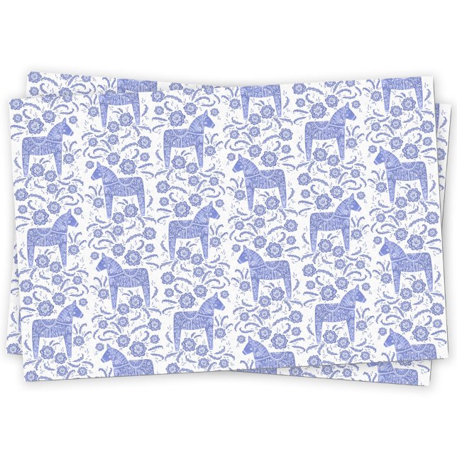 Papel De Seda Caballo de dala sueco azul y blanco (Blue and white Swedish dala horse pattern tissue paper)