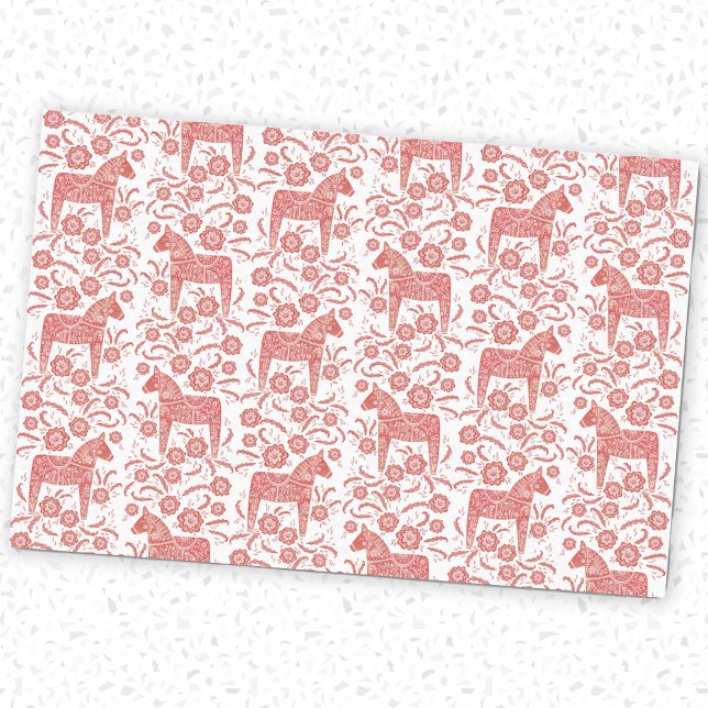 Papel De Seda Caballo de dala sueco rojo y blanco (Red and white Swedish Dala Horse pattern festive tissue paper)