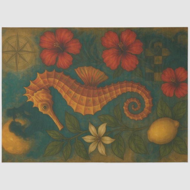 Papel De Seda Caballo de mar e Hibiscus Nautical Fantasy Decoupa (Anverso)