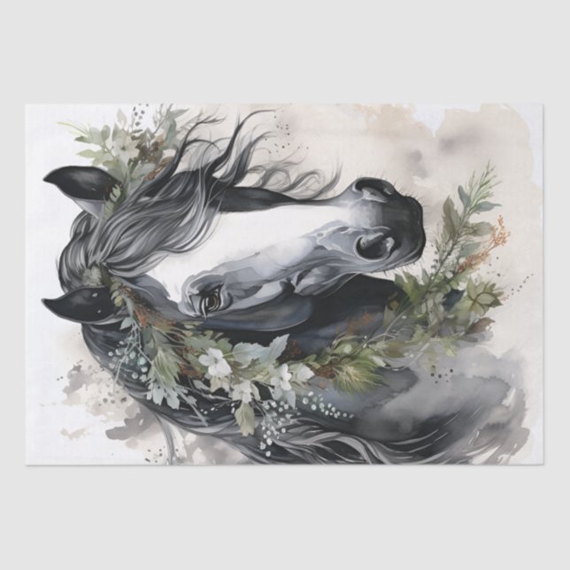 Papel De Seda Caballo floral blanco y negro Boho (Anverso)