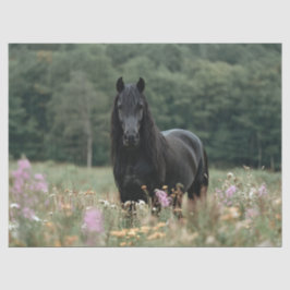 Papel De Seda Caballo Frisón en un Campo de Flores Silvestres De