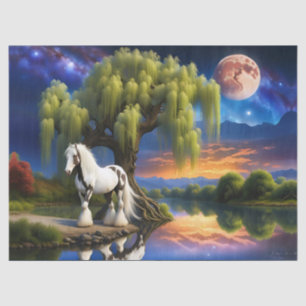 Papel De Seda Caballo Gypsy Vanner - Árbol Willow N Luna llena