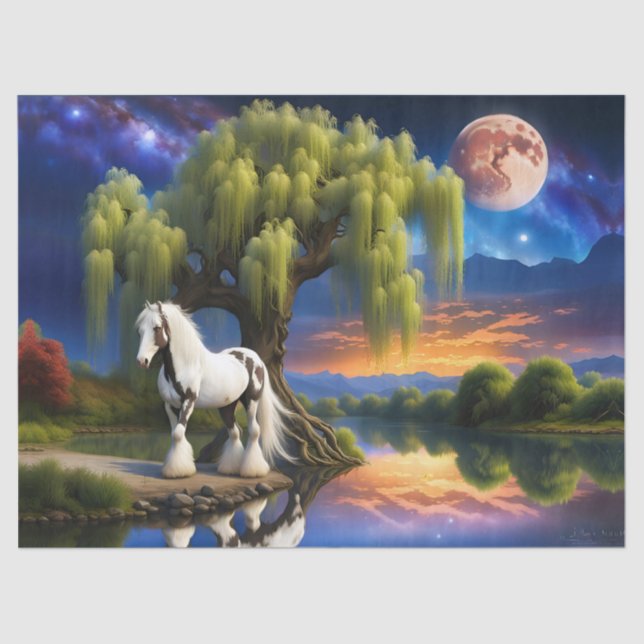 Papel De Seda Caballo Gypsy Vanner - Árbol Willow N Luna llena (Anverso)