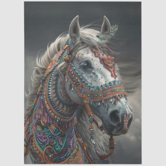 Papel De Seda Caballo Indio Americano Ceremonial Blanco Decoupag (Anverso)