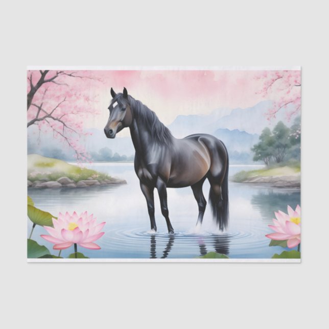 Papel De Seda Caballo majestuoso y belleza del loto (Anverso)