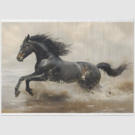 Papel De Seda Caballo Negro Corriendo en la Playa Decoupage