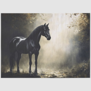 Papel De Seda Caballo negro en bosque otoñal brumoso