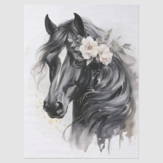 Papel De Seda Caballo Negro Floral Acuarela Boho