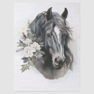 Papel De Seda Caballo negro floral acuarela boho