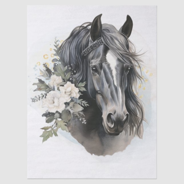 Papel De Seda Caballo negro floral acuarela boho (Anverso)