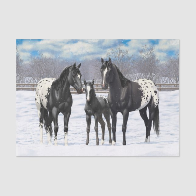 Papel De Seda Caballos Appaloosa Negros En Nieve (Anverso)