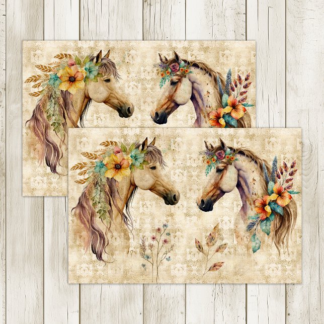 PAPEL DE SEDA CABALLOS BOHO DECOUPAGE FLORAL (BOHO HORSES FLORAL DECOUPAGE TISSUE PAPER)