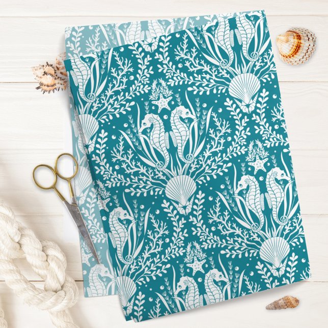 Papel De Seda Caballos de mar Marítimo Patrón Damasco Verde azul (Subido por el creador)