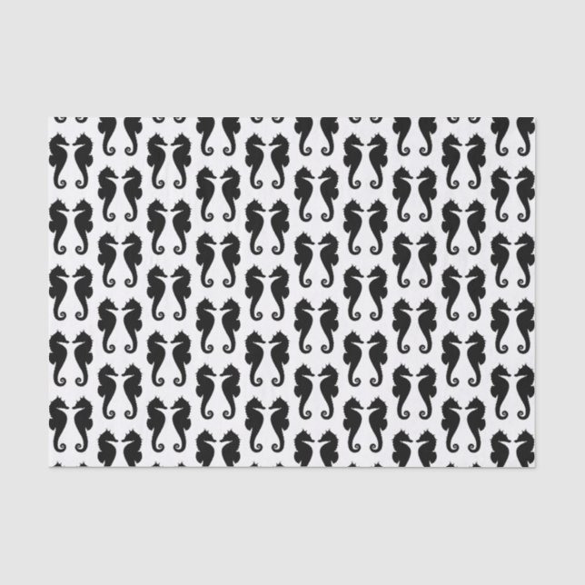 Papel De Seda Caballos de Mar Negros sobre Blanco (Anverso)