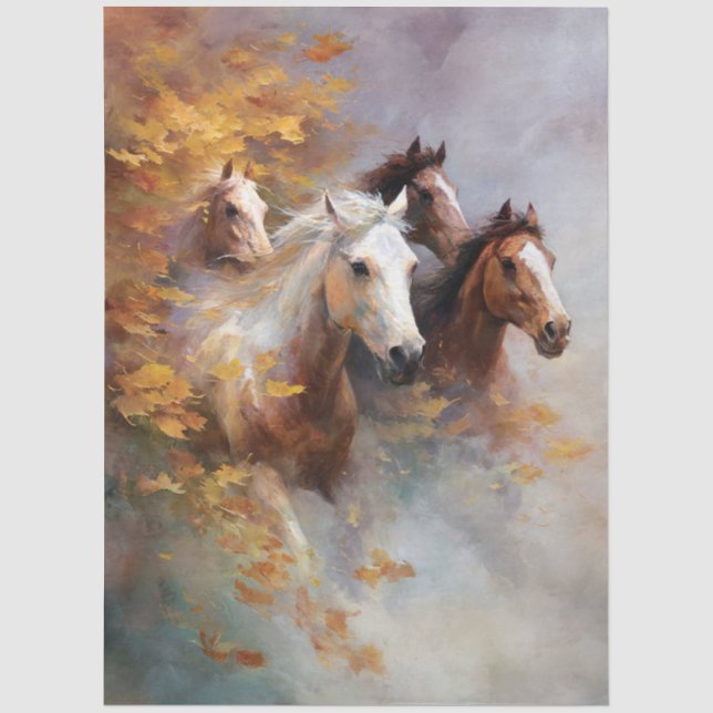 Papel De Seda Caballos Galopando a Través de la Niebla de Otoño (Anverso)