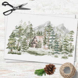 Papel De Seda Cabaña de acuarela en el bosque de madera de pino 