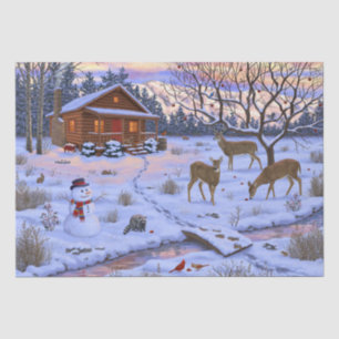 Papel De Seda Cabaña de invierno ciervo en la escena de Navidad