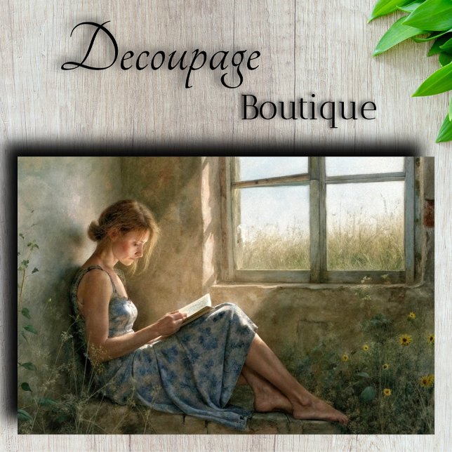 Papel De Seda Cabaña de lectura Dama Azul Rústica Decoupage (Rustic Blue Reading Lady - cottage Decoupage Paper)