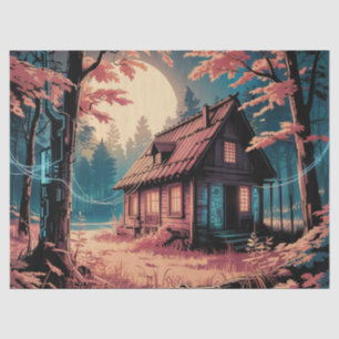 Papel De Seda Cabaña iluminada por la luna Arte del bosque japon