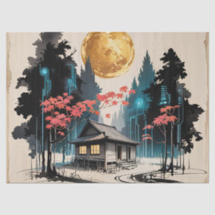 Papel De Seda Cabaña iluminada por la luna Arte del bosque japon