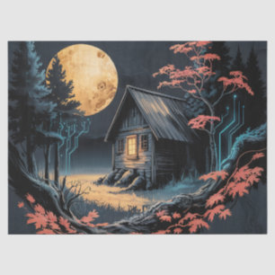 Papel De Seda Cabaña iluminada por la luna Arte del bosque japon