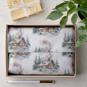 Papel De Seda Cabin de bosque invernal en acuarela I Pino verde
