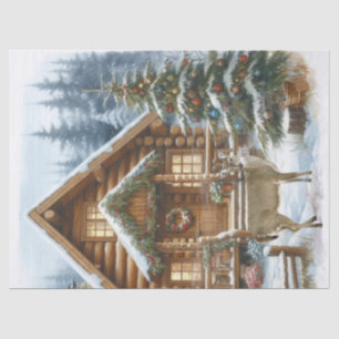 Papel De Seda Cabin de Navidad en invierno con ciervos