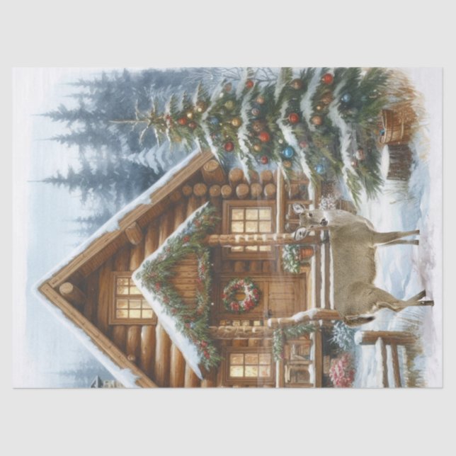 Papel De Seda Cabin de Navidad en invierno con ciervos (Anverso)