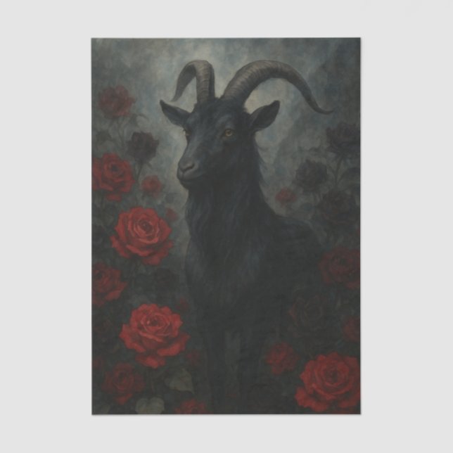 Papel De Seda Cabra negra gótica con rosas rojas arte oscuro (Anverso)