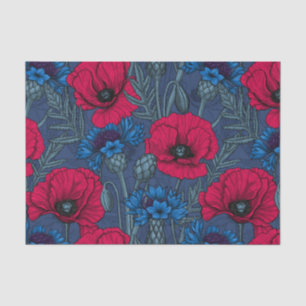 Papel De Seda Cachorros rojos y flores azules en azul