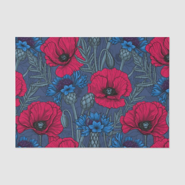 Papel De Seda Cachorros rojos y flores azules en azul (Anverso)