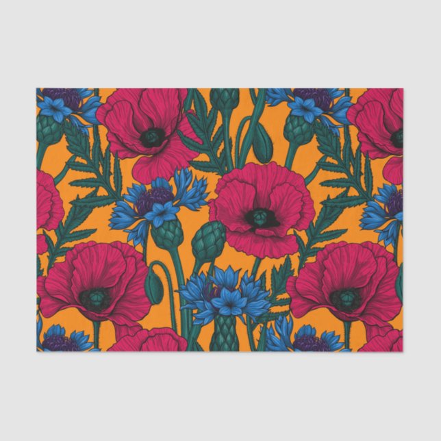 Papel De Seda Cachorros rojos y flores azules en naranja (Anverso)