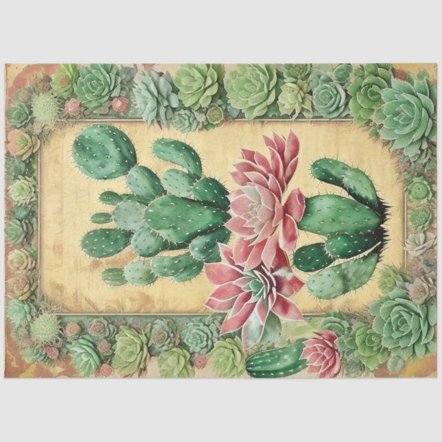 Papel De Seda Cactus Collage Ephemera de flores rosadas Art No6 (Anverso)