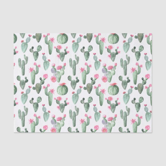 Papel De Seda Cactus de acuarela verde y rosa (Anverso)