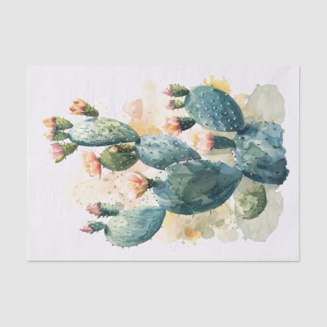Papel De Seda Cactus de acuarela y deshielo de flores rosadas (Anverso)