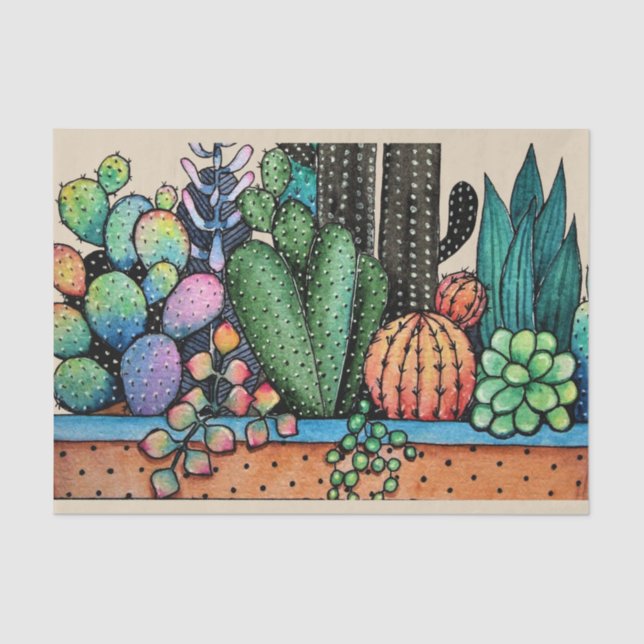 Papel De Seda Cactus Garden Cute Watercolor En Pot (Anverso)