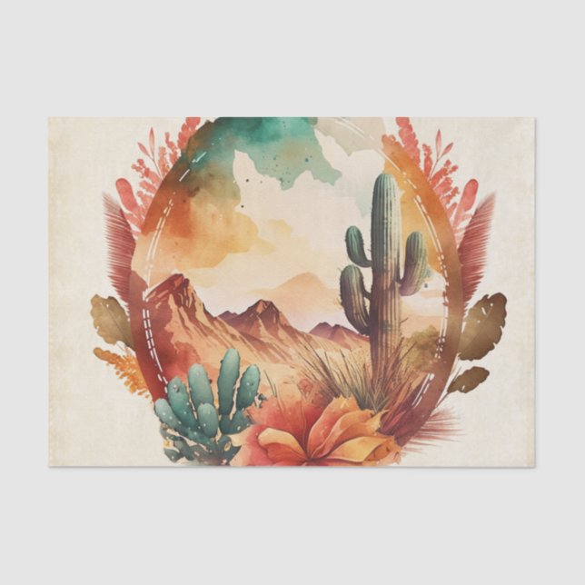 Papel De Seda Cactus y montañas del desierto acuarela (Anverso)