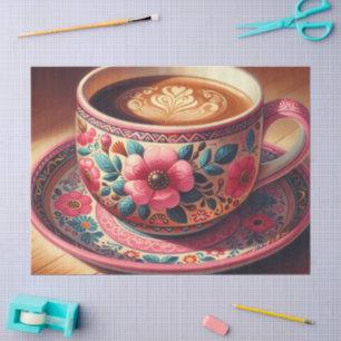 Papel De Seda Café Latte en taza floral rosa turquesa decoupage
