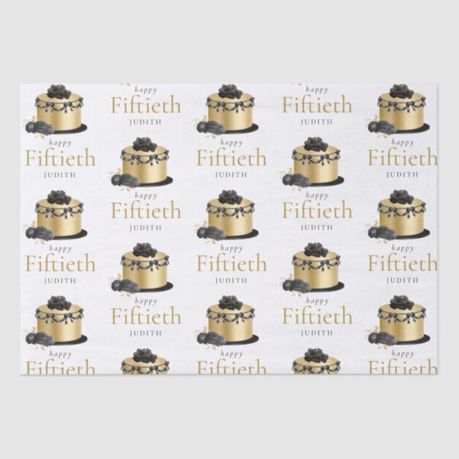 Papel De Seda Cake Floral Gold Black 50th Name Happy Birthday (Anverso)