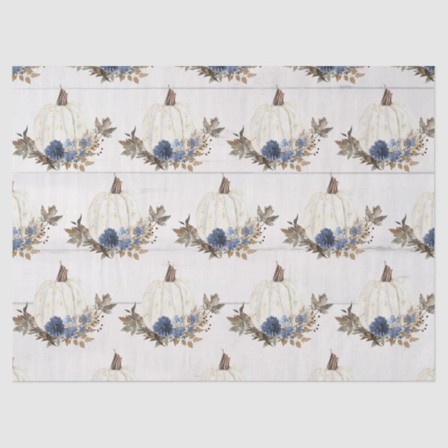 Papel De Seda Calabaza blanca Floral azul con hojas de otoño acu (Anverso)