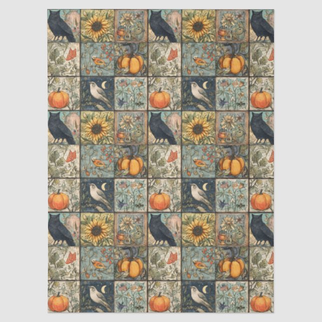 Papel De Seda Calabaza de búho con aspecto de patchwork de otoño (Anverso)
