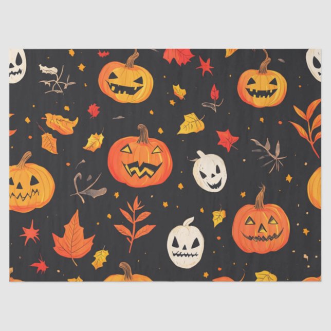 Papel De Seda Calabaza divertida de Halloween y hojas impresa (Anverso)