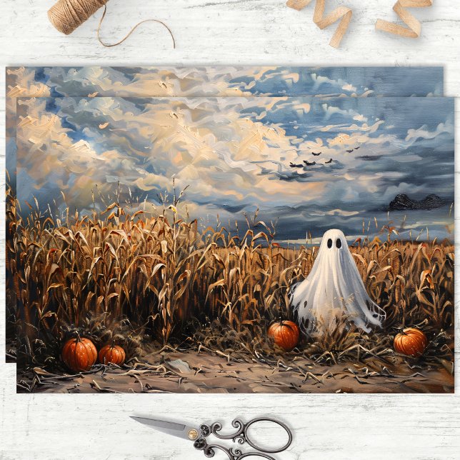 Papel De Seda Calabazas de Campo de Maíz con Fantasmas Caprichos (Decoupage tissue paper sheets featuring a ghost in a corn field, laying flat on a white wood surface)
