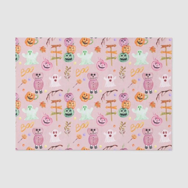 Papel De Seda Calabazas de Halloween, fantasma, monstruos rosado (Anverso)