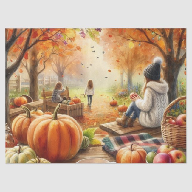 Papel De Seda Calabazas de Otoño Hojas y Niños (Anverso)