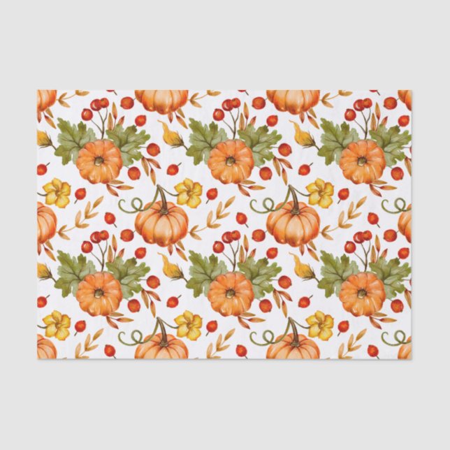 Papel De Seda Calabazas otoñales, bayas rojas y hojas (Anverso)