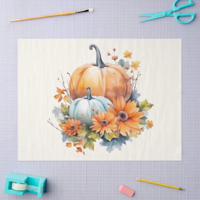 Papel De Seda Calabazas otoñales con flores y follaje (Artesanía)