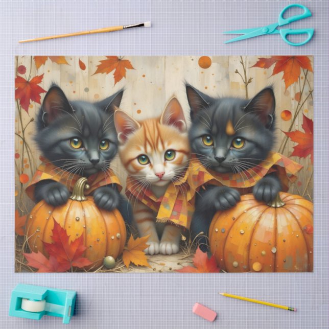 Papel De Seda Calabazas y follaje de gatitos otoñales (Artesanía)