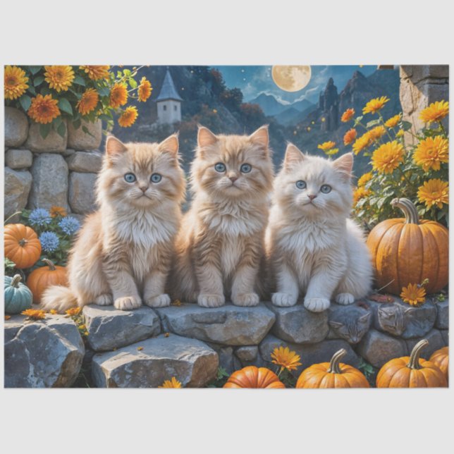 Papel De Seda Calabazas y follaje de gatitos otoñales fluidos (Anverso)