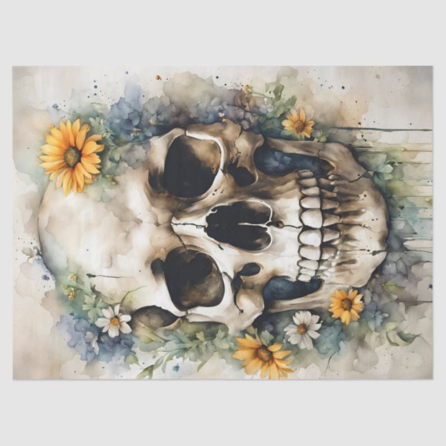 Papel De Seda Calavera acuarela con flores silvestres (Anverso)